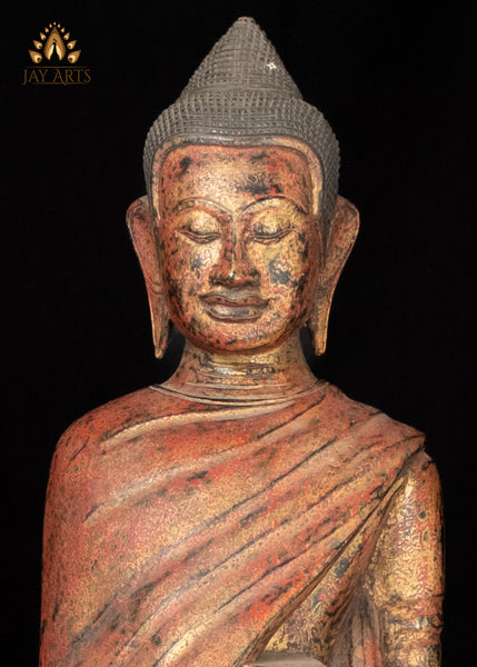 38” Cambodian Standing Wood Buddha with Alms Pot – Symbol of Compassion