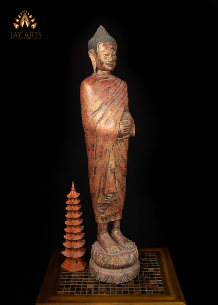 38” Cambodian Standing Wood Buddha with Alms Pot – Symbol of Compassion
