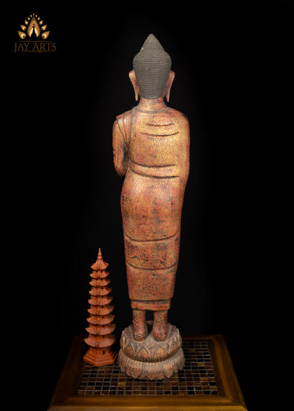 38” Cambodian Standing Wood Buddha with Alms Pot – Symbol of Compassion