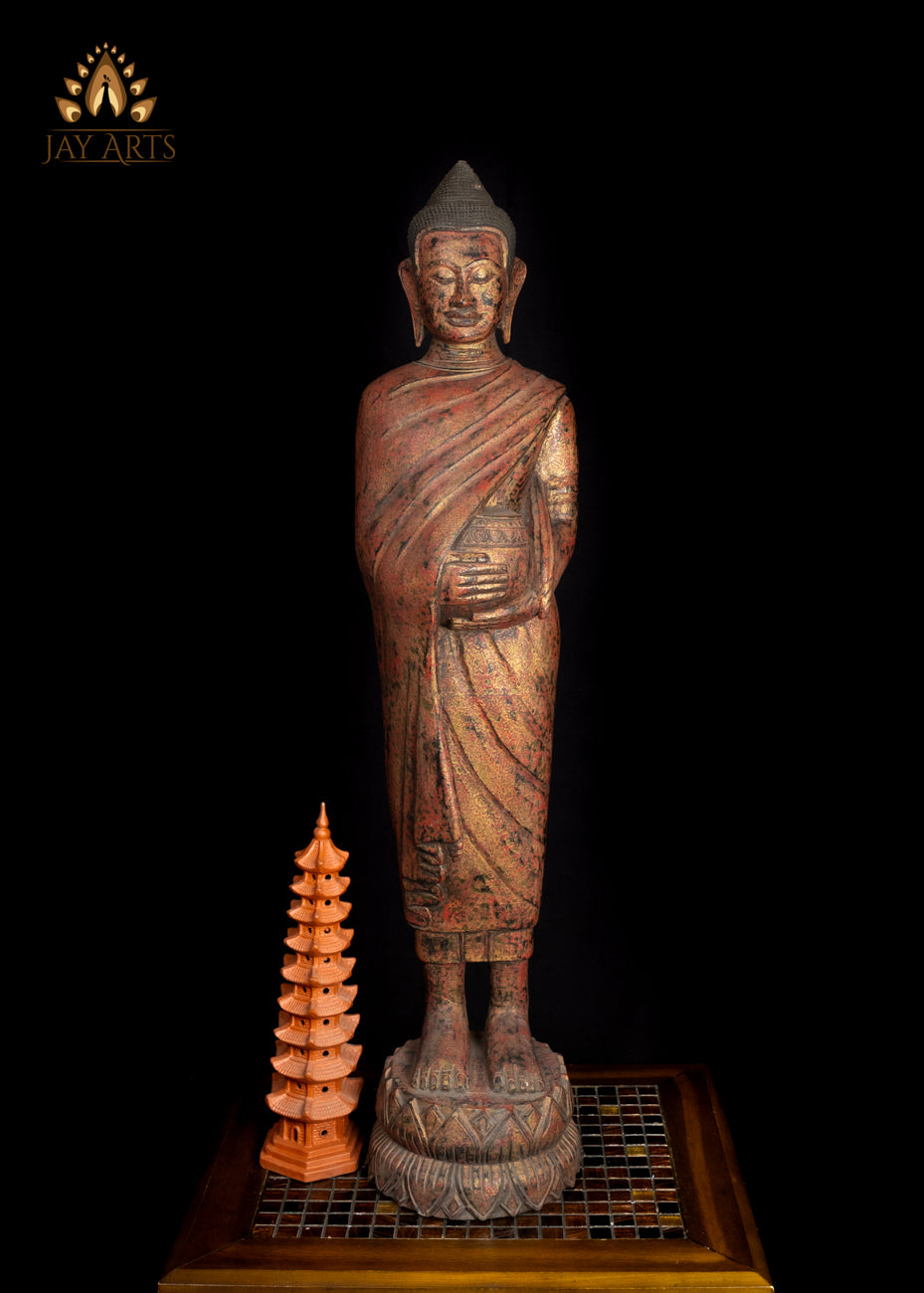 38” Cambodian Standing Wood Buddha with Alms Pot – Symbol of Compassion