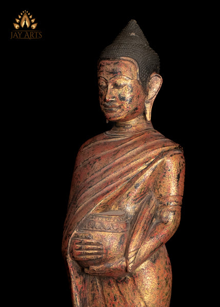 38” Cambodian Standing Wood Buddha with Alms Pot – Symbol of Compassion