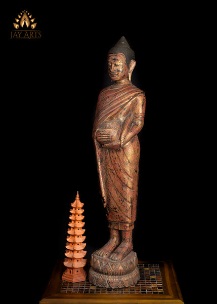 38” Cambodian Standing Wood Buddha with Alms Pot – Symbol of Compassion
