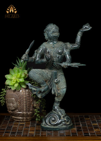 15" Bronze Hanuman with Trident & Raised Dance Pose – Cambodian Style