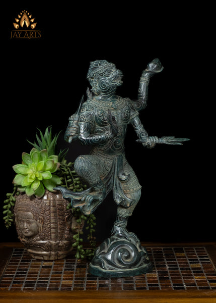 15" Bronze Hanuman with Trident & Raised Dance Pose – Cambodian Style