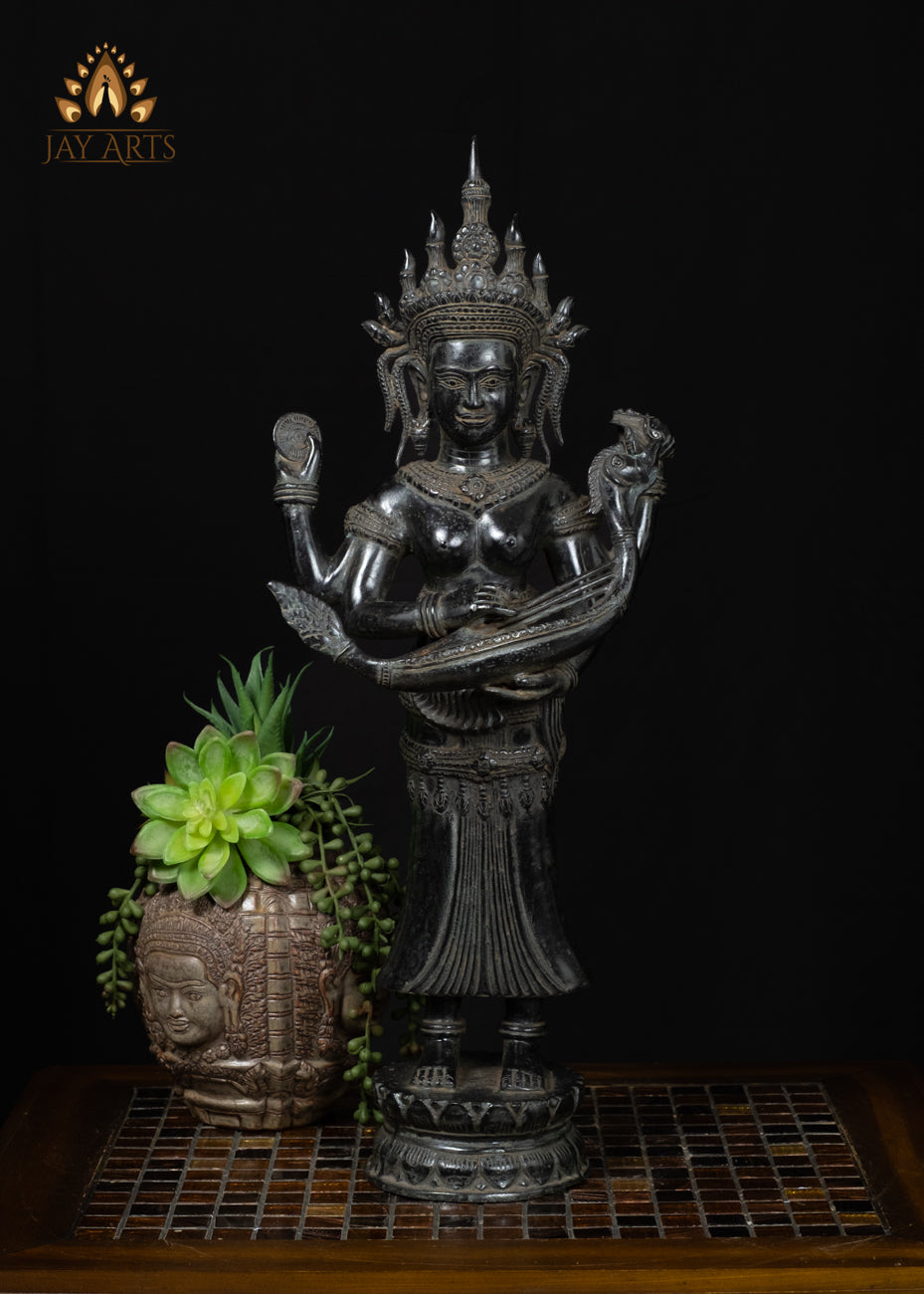 21" Cambodian Bronze Lakshmi with Indian Harp & Divine Vishnu Symbols