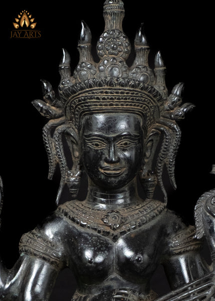 21" Cambodian Bronze Lakshmi with Indian Harp & Divine Vishnu Symbols