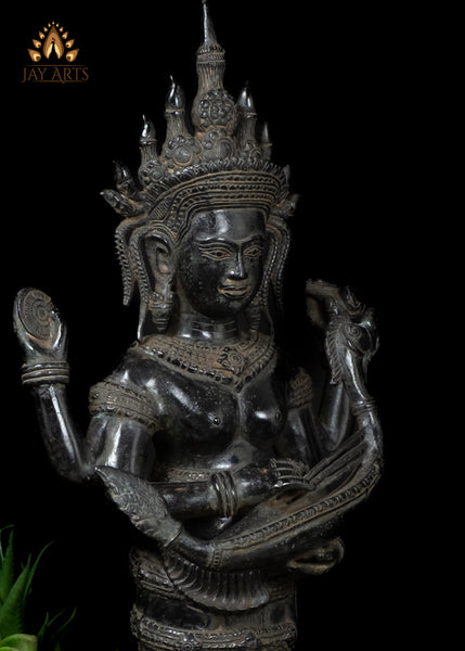 21" Cambodian Bronze Lakshmi with Indian Harp & Divine Vishnu Symbols