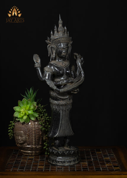 21" Cambodian Bronze Lakshmi with Indian Harp & Divine Vishnu Symbols