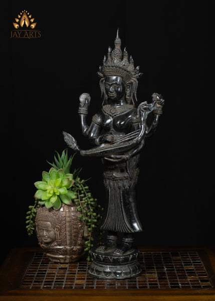 21" Cambodian Bronze Lakshmi with Indian Harp & Divine Vishnu Symbols