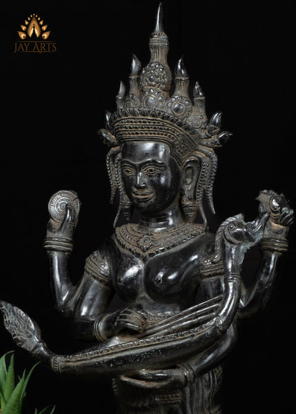 21" Cambodian Bronze Lakshmi with Indian Harp & Divine Vishnu Symbols