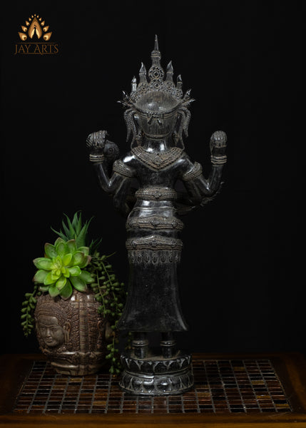 21" Cambodian Bronze Lakshmi with Indian Harp & Divine Vishnu Symbols