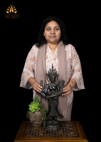 21" Cambodian Bronze Lakshmi with Indian Harp & Divine Vishnu Symbols