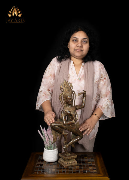 23" Bronze Dancing Apsara Statue Khmer Elegance in Brown-Red Patina