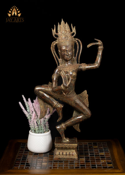 23" Bronze Dancing Apsara Statue Khmer Elegance in Brown-Red Patina