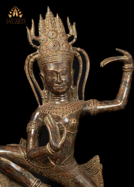 23" Bronze Dancing Apsara Statue Khmer Elegance in Brown-Red Patina