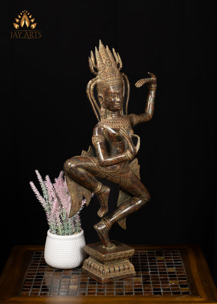 23" Bronze Dancing Apsara Statue Khmer Elegance in Brown-Red Patina