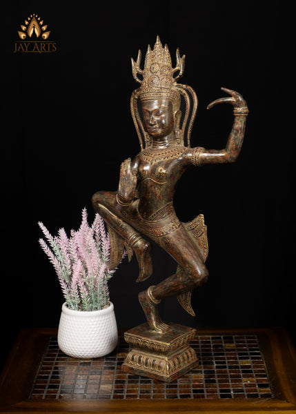 23" Bronze Dancing Apsara Statue Khmer Elegance in Brown-Red Patina