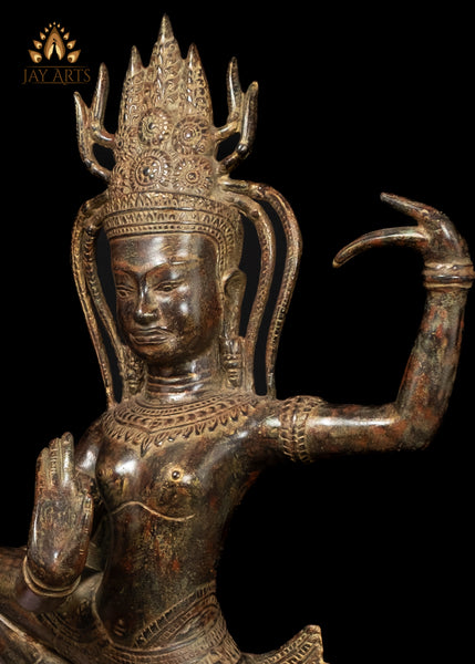 23" Bronze Dancing Apsara Statue Khmer Elegance in Brown-Red Patina