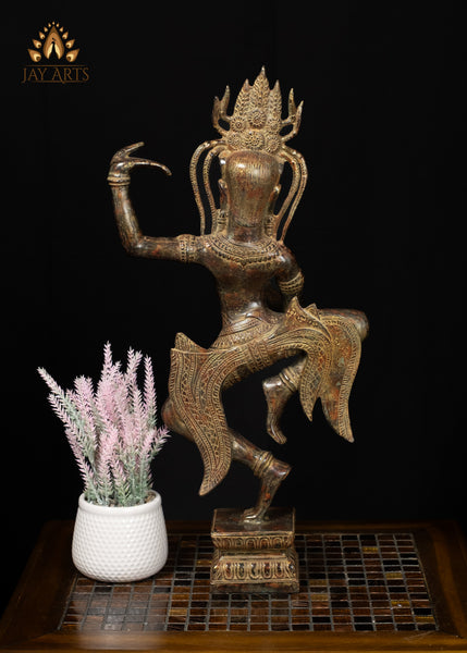 23" Bronze Dancing Apsara Statue Khmer Elegance in Brown-Red Patina