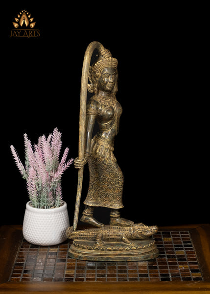 19" Phra Mae Thorani on Crocodile Bronze Earth Goddess Statue From Cambodia