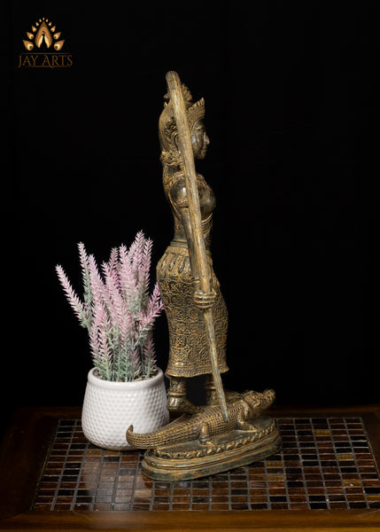19" Phra Mae Thorani on Crocodile Bronze Earth Goddess Statue From Cambodia
