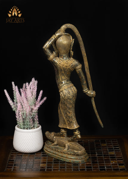 19" Phra Mae Thorani on Crocodile Bronze Earth Goddess Statue From Cambodia