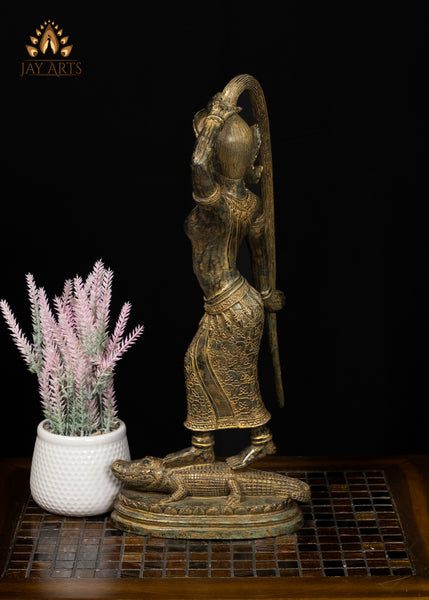 19" Phra Mae Thorani on Crocodile Bronze Earth Goddess Statue From Cambodia