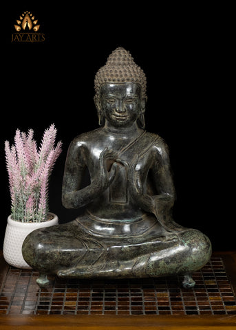 16" Bronze Buddha in Dharmachakra Mudra – Cambodian Style Antique Finish