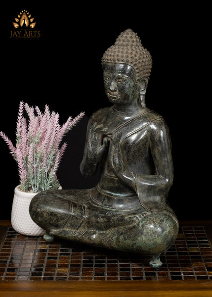 16" Bronze Buddha in Dharmachakra Mudra – Cambodian Style Antique Finish
