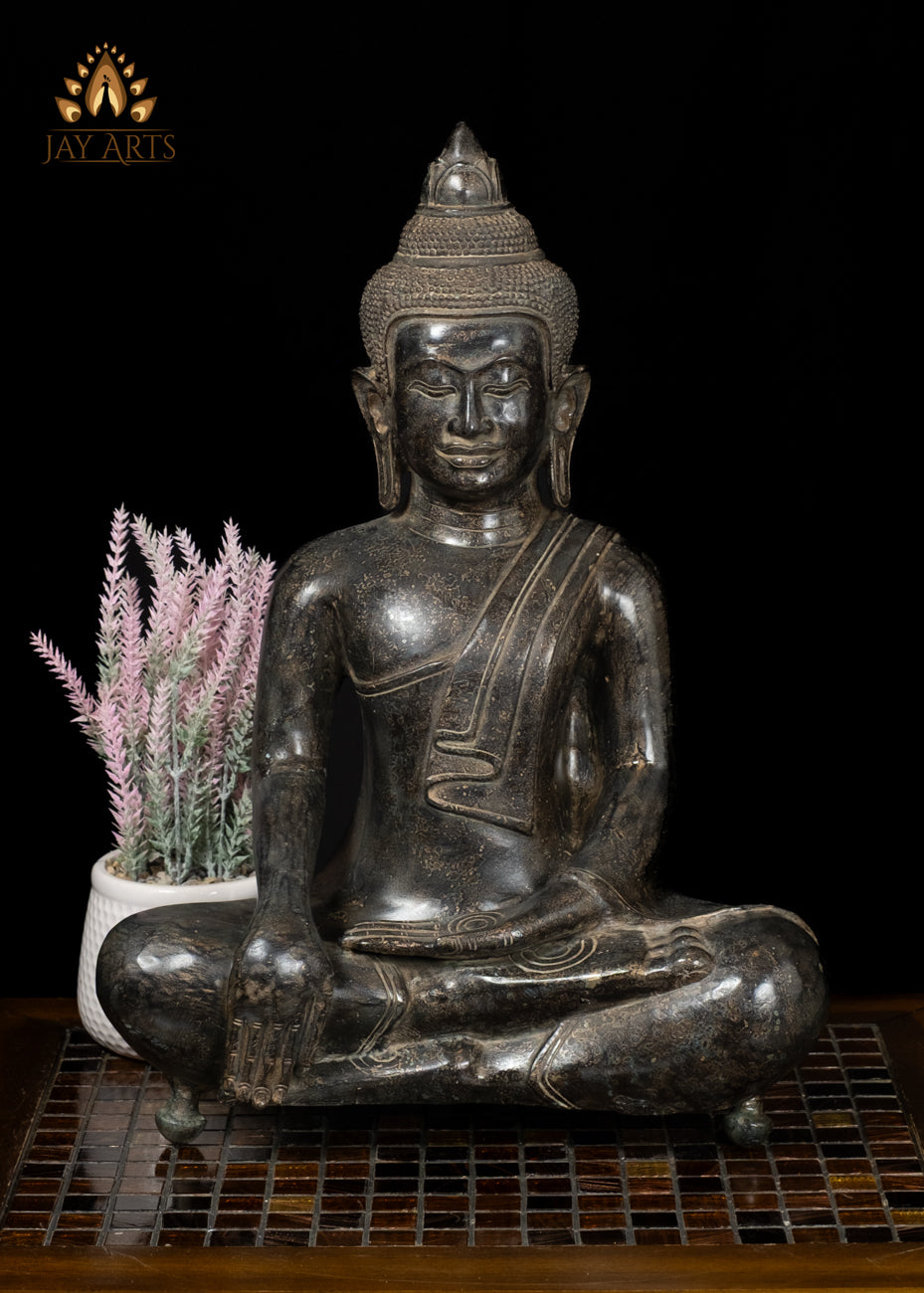 18" Antique Style Cambodian Bronze Buddha in Bhumisparsha Mudra