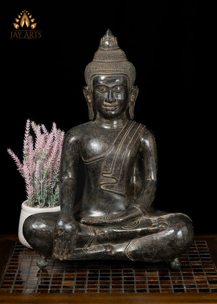 18" Antique Style Cambodian Bronze Buddha in Bhumisparsha Mudra