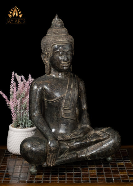 18" Antique Style Cambodian Bronze Buddha in Bhumisparsha Mudra