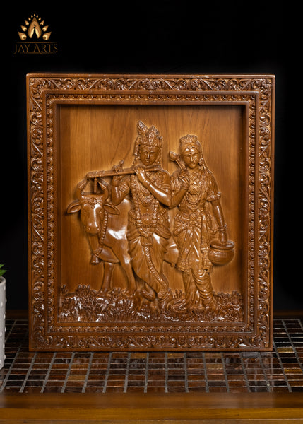 Radha Krishna wood carving - Oak wood panel 13" x 11"