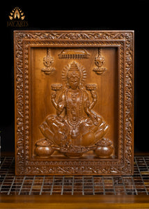 Goddess Lakshmi wood carving - Oak wood panel 13" x 11"