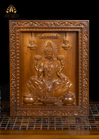 Goddess Lakshmi wood carving - Oak wood panel 13" x 11"