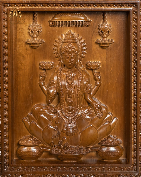Goddess Lakshmi wood carving - Oak wood panel 13" x 11"