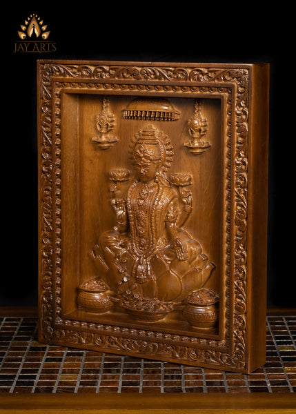 Goddess Lakshmi wood carving - Oak wood panel 13" x 11"