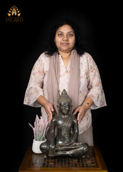 18" Antique Style Cambodian Bronze Buddha in Bhumisparsha Mudra