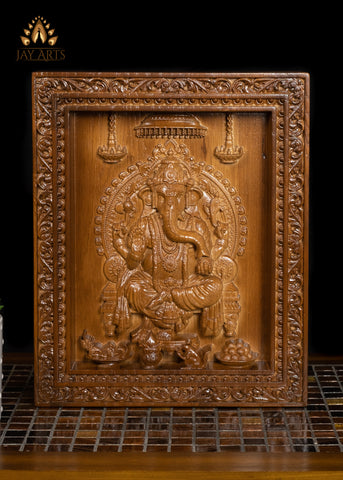 Lord Ganesha wood carving - Oak wood panel 13" x 11"