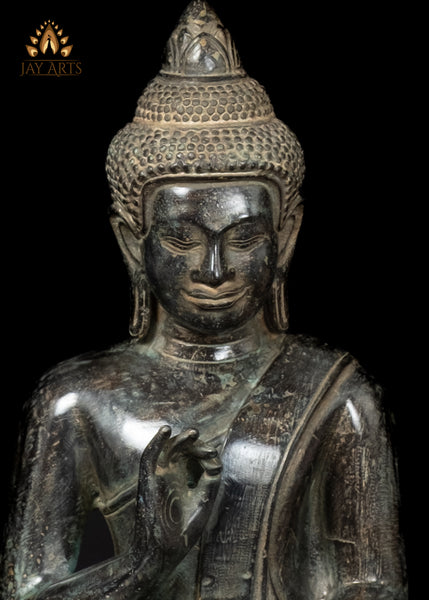 12" Cambodian Bronze Buddha Statue in Vitarka Mudra on Lotus Base Antique Finish