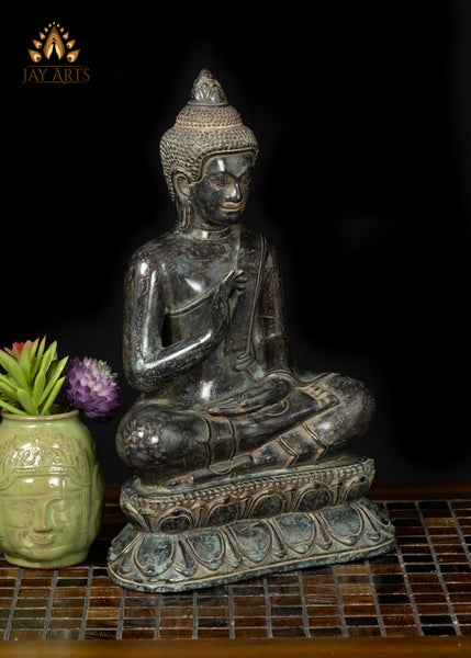 12" Cambodian Bronze Buddha Statue in Vitarka Mudra on Lotus Base Antique Finish