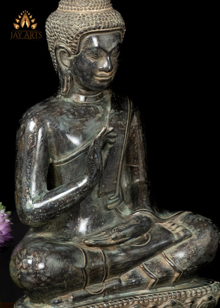 12" Cambodian Bronze Buddha Statue in Vitarka Mudra on Lotus Base Antique Finish