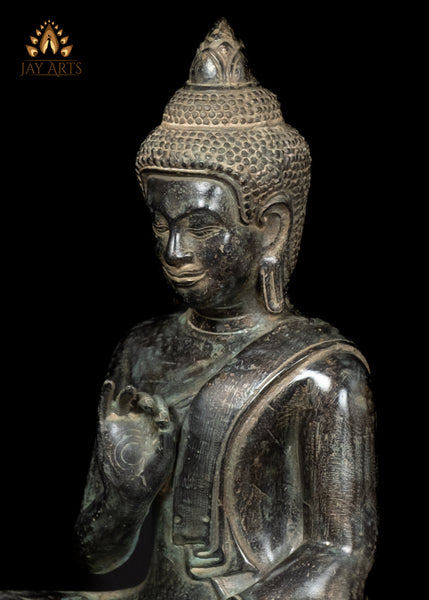 12" Cambodian Bronze Buddha Statue in Vitarka Mudra on Lotus Base Antique Finish