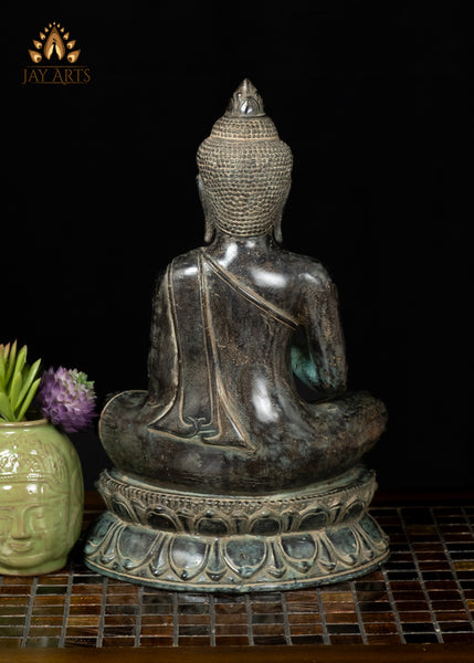 12" Cambodian Bronze Buddha Statue in Vitarka Mudra on Lotus Base Antique Finish