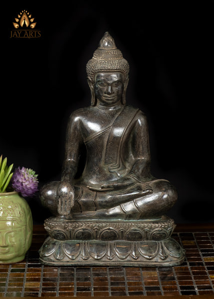 12" Cambodian Bronze Buddha Statue on Lotus Base in Earth Touching Gesture