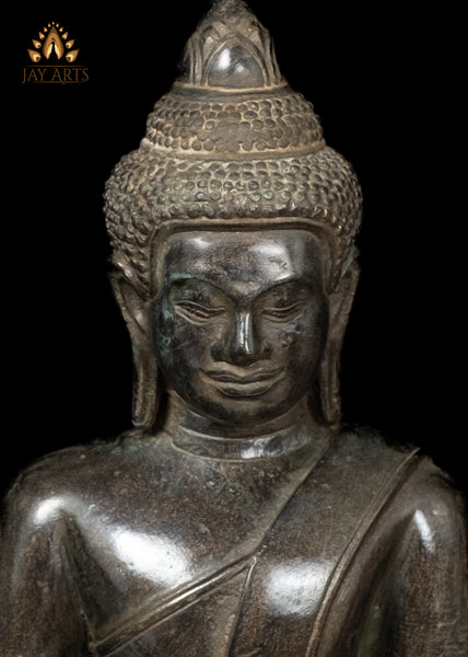 12" Cambodian Bronze Buddha Statue on Lotus Base in Earth Touching Gesture