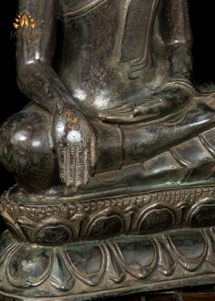 12" Cambodian Bronze Buddha Statue on Lotus Base in Earth Touching Gesture