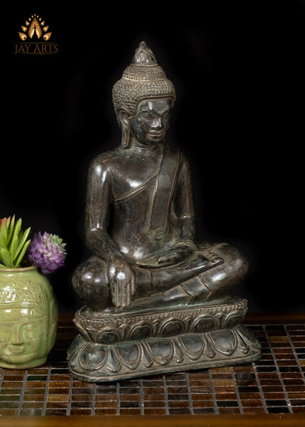 12" Cambodian Bronze Buddha Statue on Lotus Base in Earth Touching Gesture