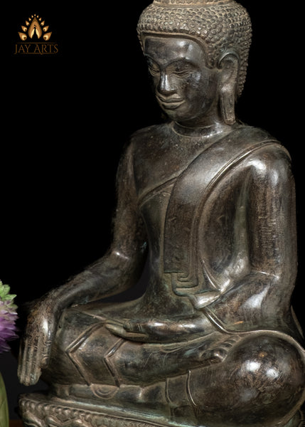12" Cambodian Bronze Buddha Statue on Lotus Base in Earth Touching Gesture