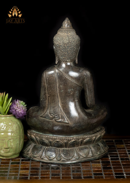 12" Cambodian Bronze Buddha Statue on Lotus Base in Earth Touching Gesture